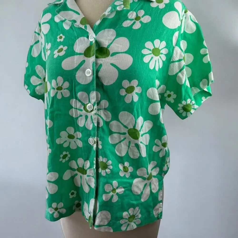 Big Bud Lazy Daisy Button Up Shirt Green Floral Print Top Cotton US Made Size XS - Picture 3 of 12